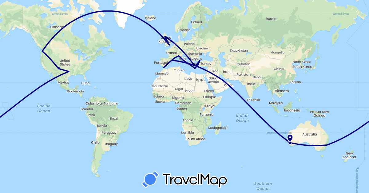 TravelMap itinerary: driving in Australia, Spain, France, United Kingdom, Gibraltar, Greece, Italy, Qatar, Turkey, United States (Asia, Europe, North America, Oceania)